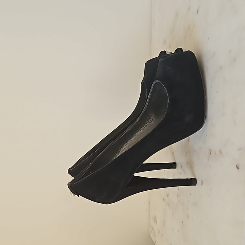 STUART WEITZMAN - soft black suede silver peep toe platform heels